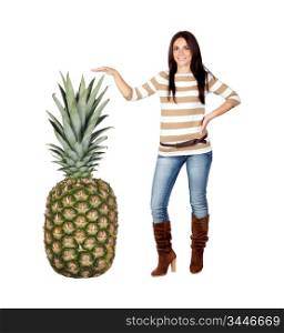 Beautiful brunette girl with a big pineapple isolated on a over white background