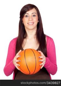 Beautiful brunette girl with basket ball isolated on a over white background