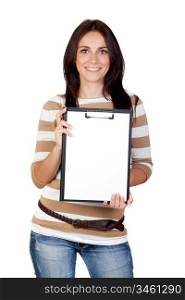 Beautiful brunette girl with clipboard isolated on a over white background