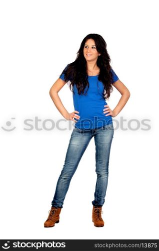Beautiful brunette girl with hands on waist isolated on white background