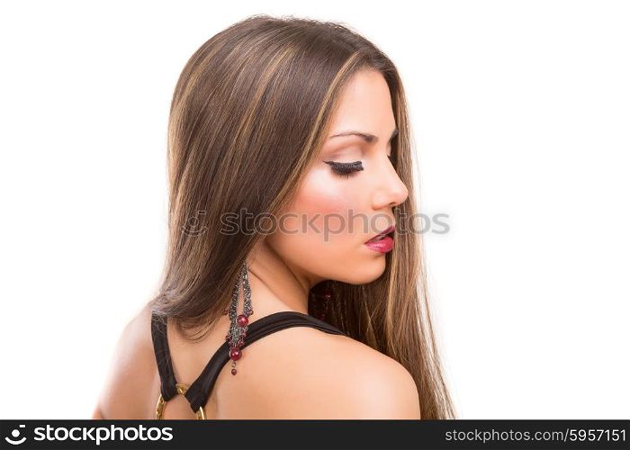 Beautiful Brunette Girl with healthy long hair - isolated over white