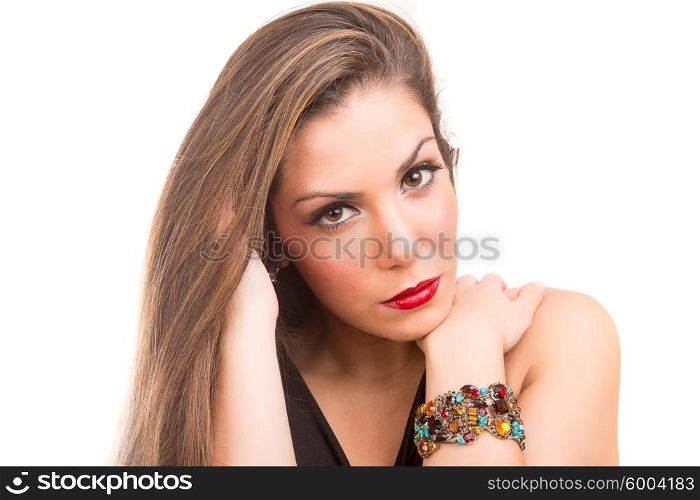 Beautiful Brunette Girl with healthy long hair - isolated over white
