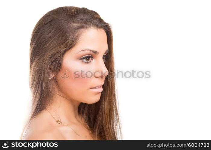 Beautiful Brunette Girl with healthy long hair - isolated over white