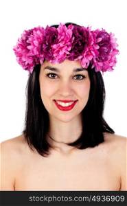 Beautiful brunette girl with purple flowers in her head isolated on a white background