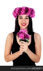Beautiful brunette girl with purple flowers in her head isolated on a white background