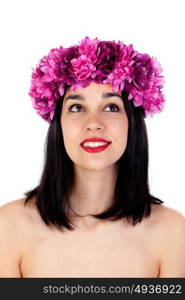 Beautiful brunette girl with purple flowers in her head isolated on a white background