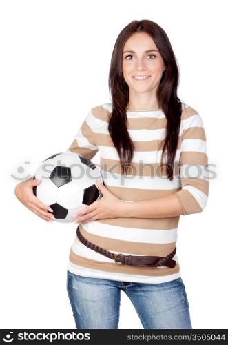 Beautiful brunette girl with soccer ball isolated on a over white background