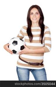 Beautiful brunette girl with soccer ball isolated on a over white background
