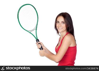 Beautiful brunette girl with tennis racket isolated on a over white background