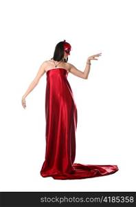 Beautiful brunette girl with Venice carnival mask and red fabric isolated on white