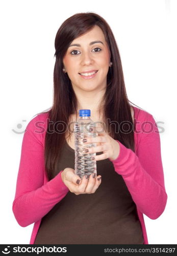 Beautiful brunette girl with water bottle isolated on a over white background