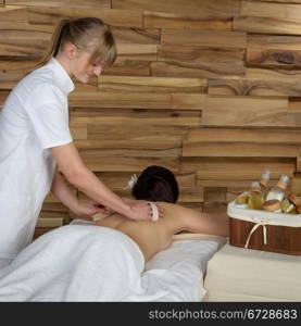 Beautiful brunette having wooden brush massage at luxury spa