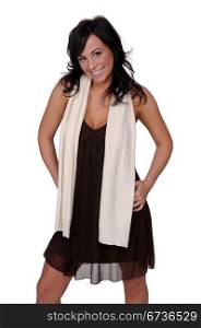Beautiful brunette in a brown dress and a white scarf