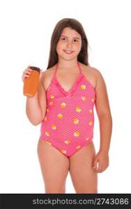 beautiful brunette teenage girl in swimsuit holding sun lotion (isolated on white background)