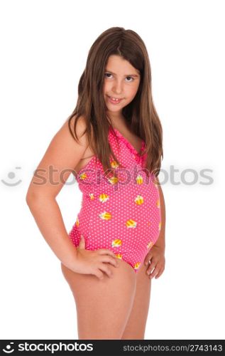 beautiful brunette teenage girl in swimsuit posing (isolated on white background)