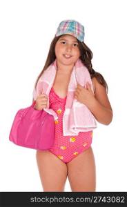 beautiful brunette teenage girl in swimsuit ready for the beach or pool with bag, cap and towel (isolated on white background)