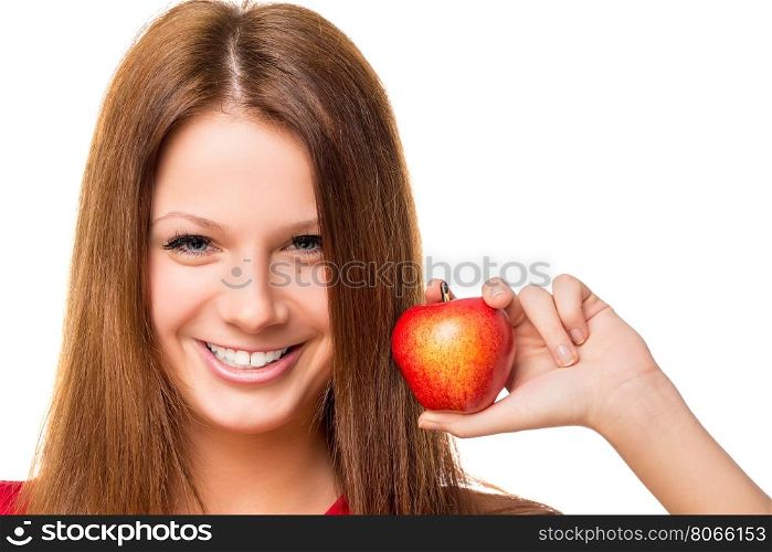 Beautiful brunette with red apple, close-up portrait isolated