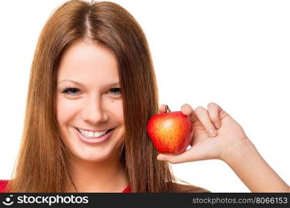 Beautiful brunette with red apple, close-up portrait isolated