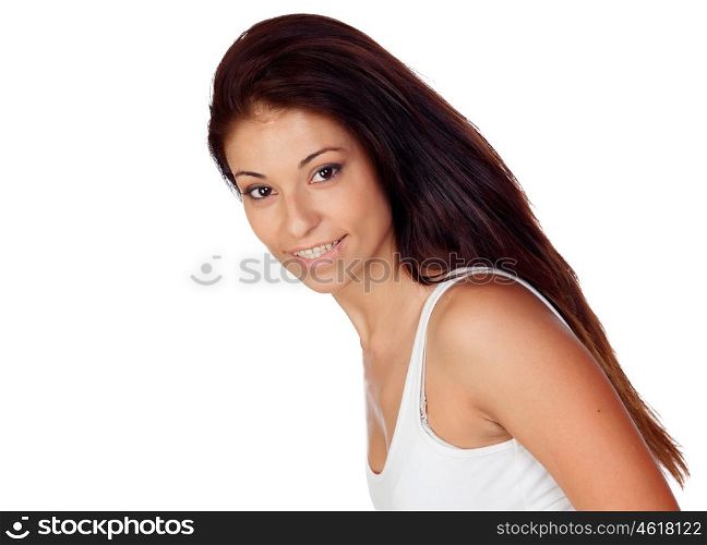 Beautiful brunette woman isolated on a white background