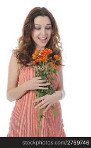 Beautiful brunette woman with a bouquet of flowers in their hands. Isolated on white background