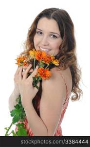 Beautiful brunette woman with a bouquet of flowers in their hands. Isolated on white background