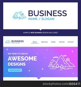 Beautiful Business Concept Brand Name Nature, hill, landscape, mountain, scene Logo Design and Pink and Blue background Website Header Design template. Place for Slogan / Tagline. Exclusive Website banner and Business Logo design Template
