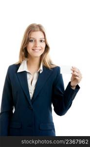 beautiful business woman holding a blank notecard