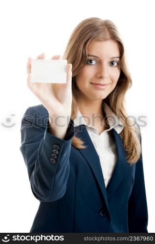 beautiful business woman holding a blank notecard - Focus is on the card