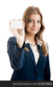 beautiful business woman holding a blank notecard - Focus is on the card
