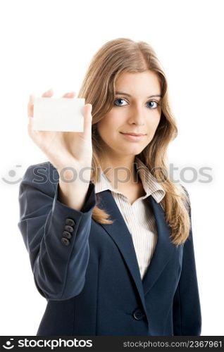 beautiful business woman holding a blank notecard - Focus is on the model
