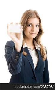beautiful business woman holding a blank notecard - Focus is on the model