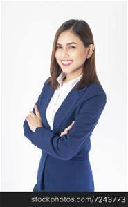 Beautiful Business Woman in blue suit is smiling on white background
