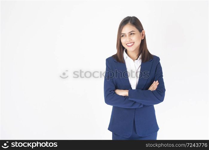 Beautiful Business Woman in blue suit is smiling on white background