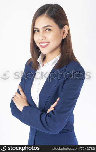 Beautiful Business Woman in blue suit is smiling on white background