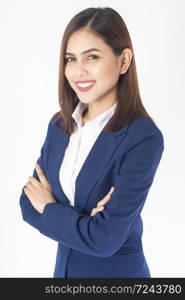 Beautiful Business Woman in blue suit is smiling on white background