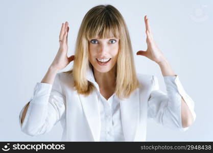 Beautiful Business Woman Or Student Expressing Her Happiness (Caucasian Pretty Lady In White Clothes)