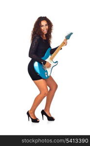 Beautiful Business Woman Playing Electric Guitar Isolated on White