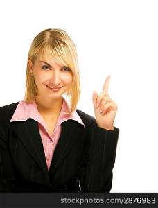 Beautiful business woman pointing her finger. Isolated on white background