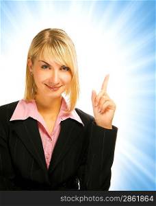 Beautiful business woman pointing her finger on abstract background