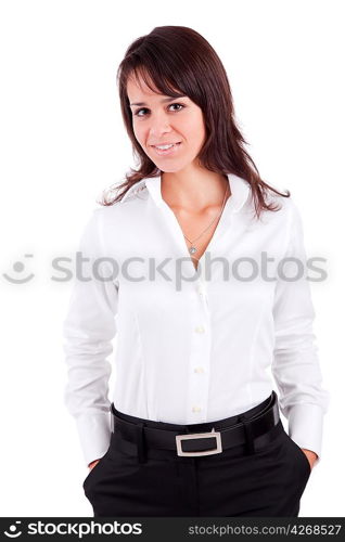 Beautiful business woman posing isolated over white