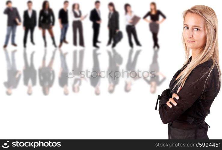 Beautiful business woman posing with group of people in the back