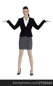 Beautiful business woman streching both the hands and pointing empty space over white background