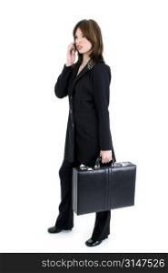 Beautiful business woman with briefcase speaking on cellphone. Full body over white.