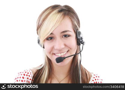 Beautiful business woman with headset. Call center. Customer support. Helpdesk.