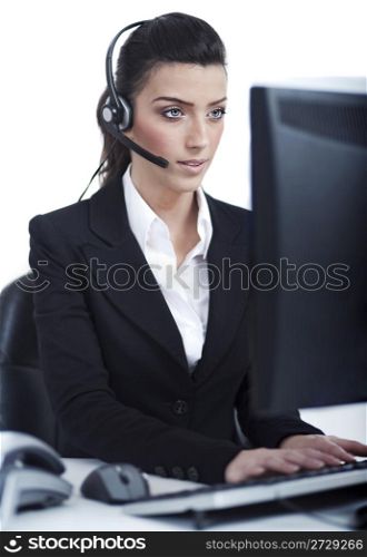 Beautiful business woman with headset over white background