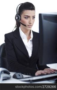 Beautiful business woman with headset over white background
