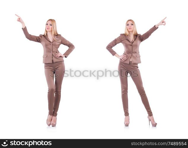 Beautiful businesslady in elegant suit isolated on white. Young blond businesswoman pressing virtual button isolated on wh