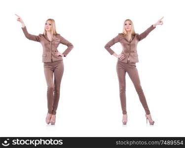Beautiful businesslady in elegant suit isolated on white. Young blond businesswoman pressing virtual button isolated on wh