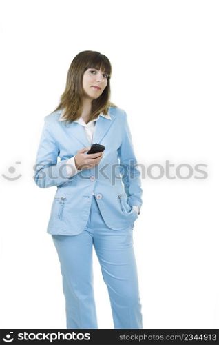 Beautiful businesswoman holding a PDA over a white background