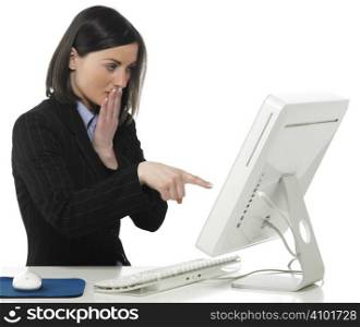 Beautiful businesswoman in her office indicating something on laptop